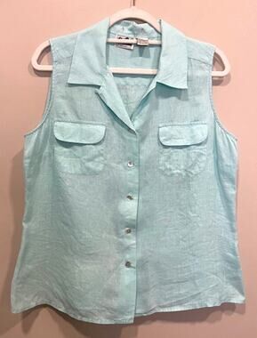 Irish Linen Pale Blue Sleeveless Collared Top Women's Size Large